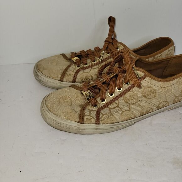 Michael Kors Womens Sz 9.5 M Brown MK Monogram Canvas Beige Sneakers Preppy Gold - Picture 8 of 14